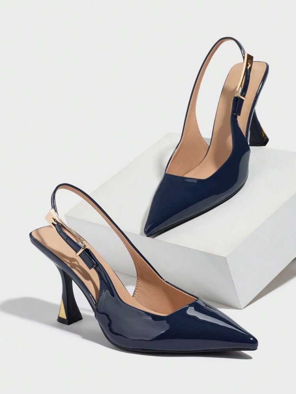 SHEIN Navy Blue Faux Patent Leather Pointed Toe Sling Back Heels